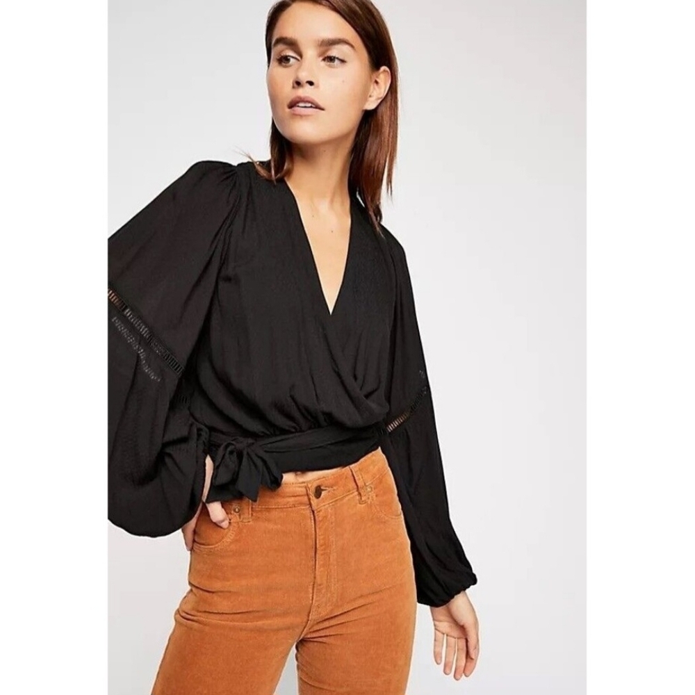Free People Black Asymmetrical Tie Front Blouse - Picture 3 of 6